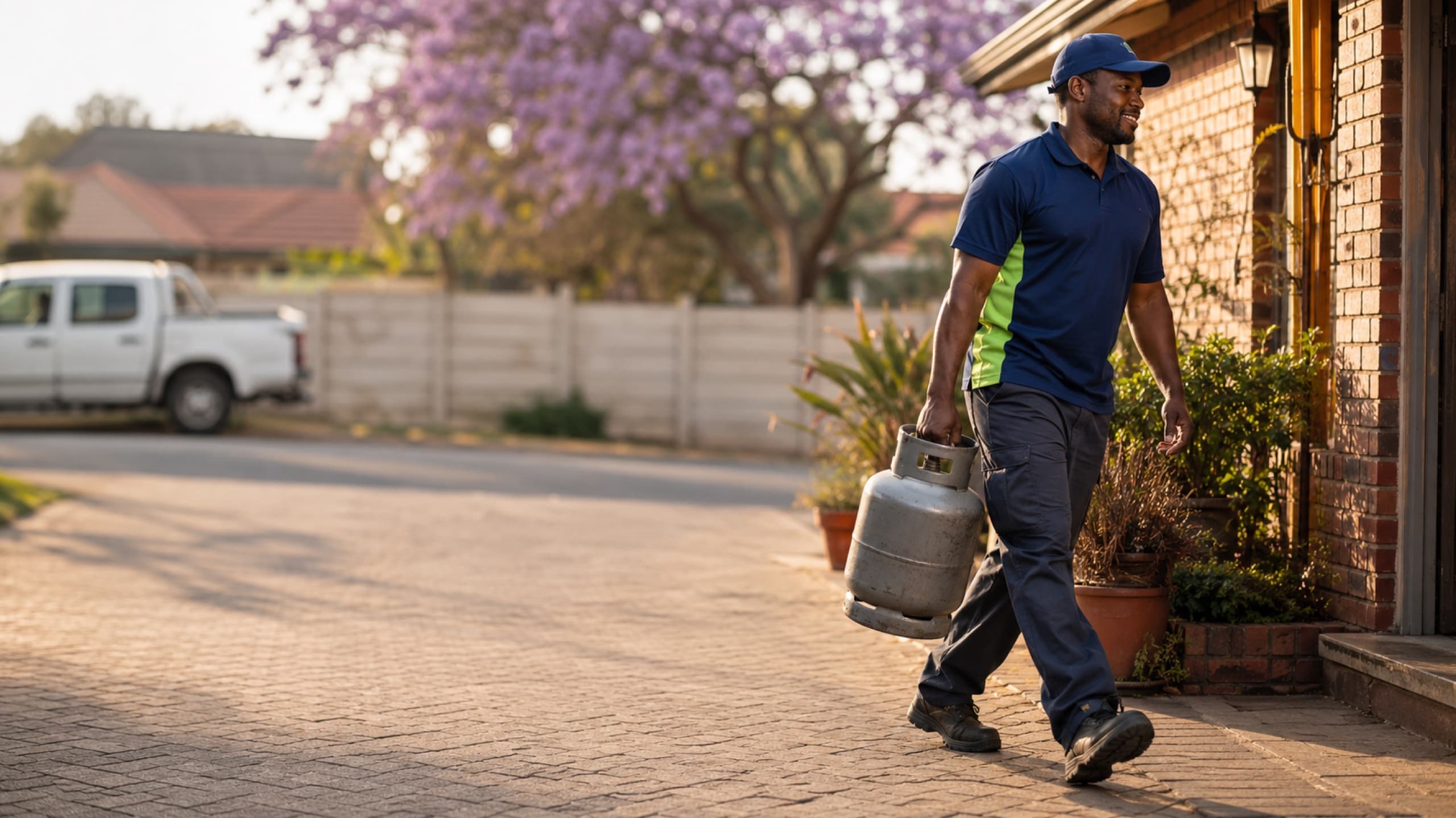 A Gasability delivery crew member carrying an LPG cylinder to a front door at golden hour
